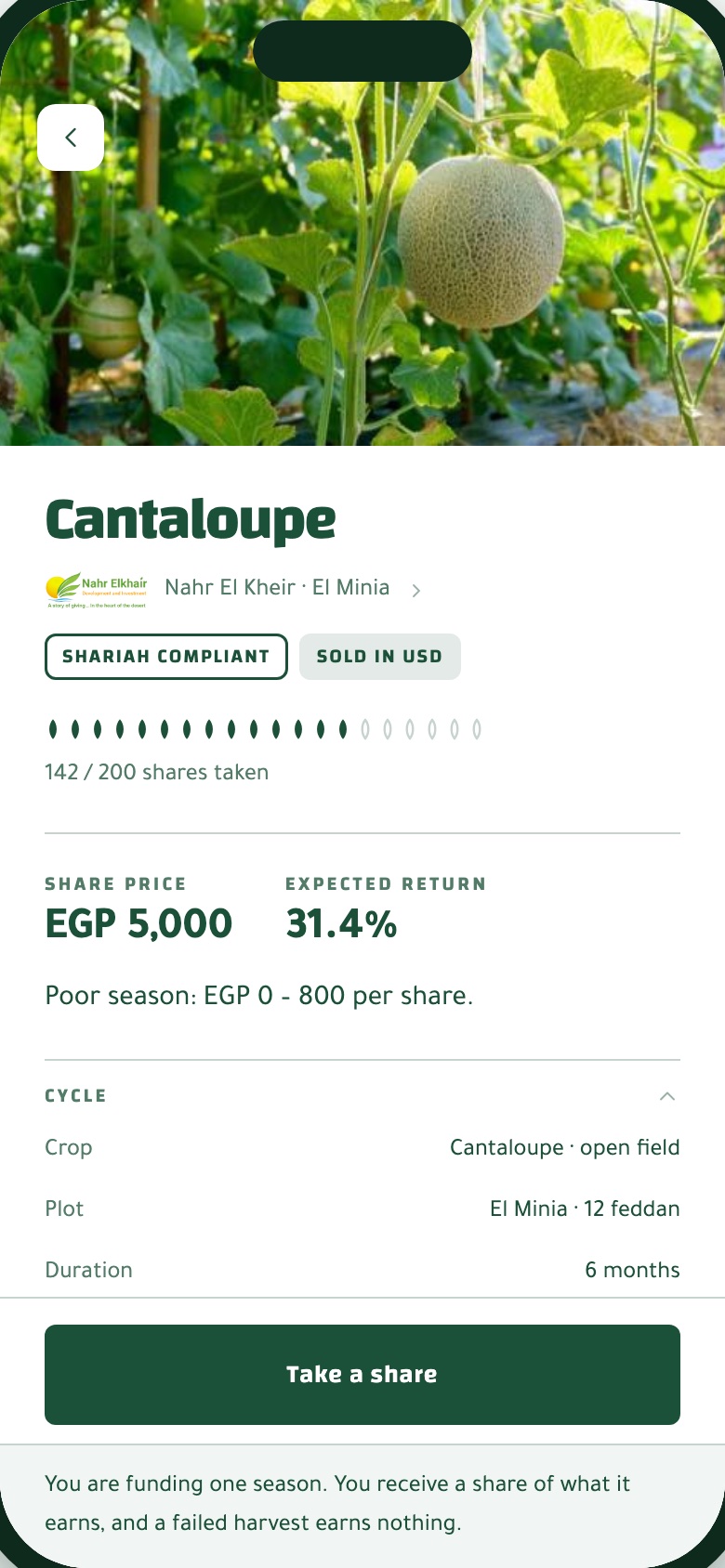 Mahsool app season page for cantaloupe, with the crop photo, farm, shares taken and season details