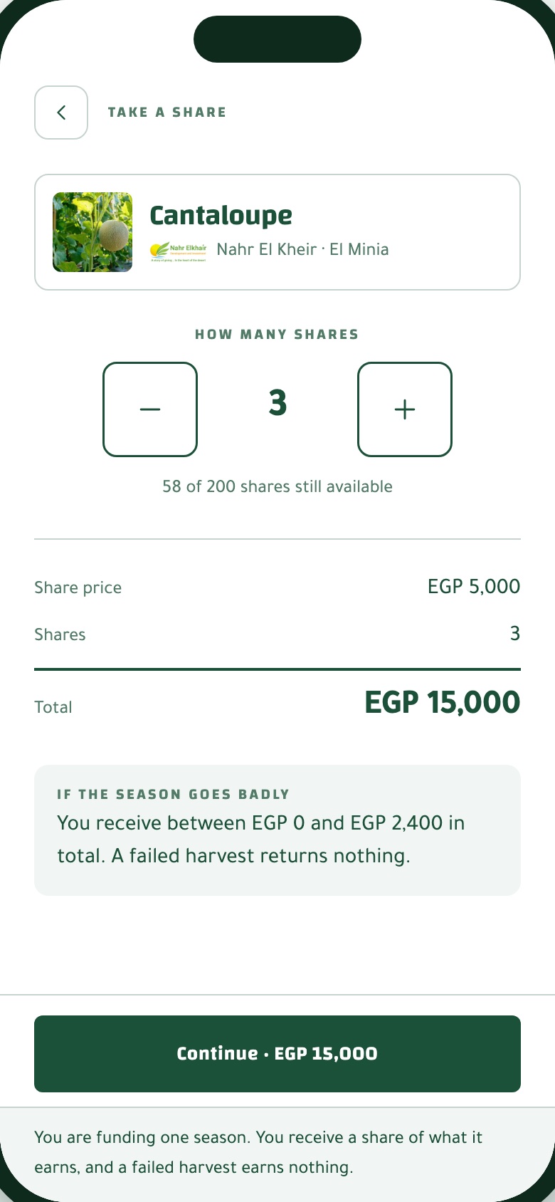 Mahsool app Take a share screen, choosing three shares for a total of EGP 15,000